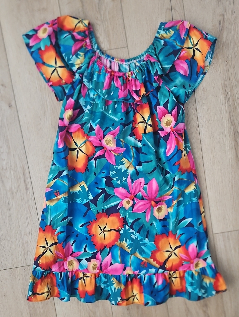 Hilo Hattie Teal Floral Dress with Pink Accents The Hawaiian Original
